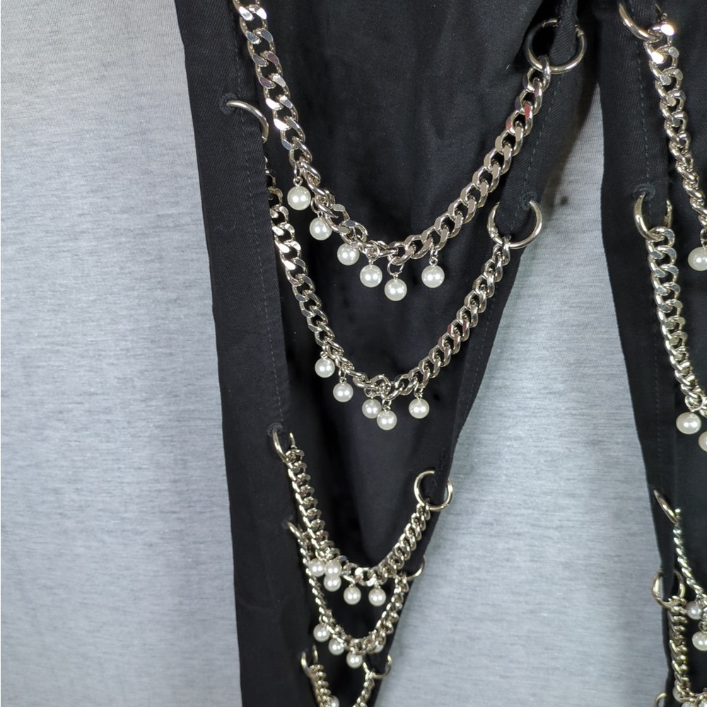 Beulah Style Chain Linked Pearl Embellished Cutout Denim Pants - Picture 9 of 16